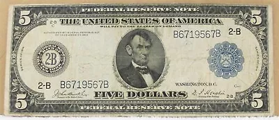 1914  $5 (FIVE DOLLAR)  LARGE  FEDERAL RESERVE NOTE With BLUE SEAL / NEW YORK • $59.99