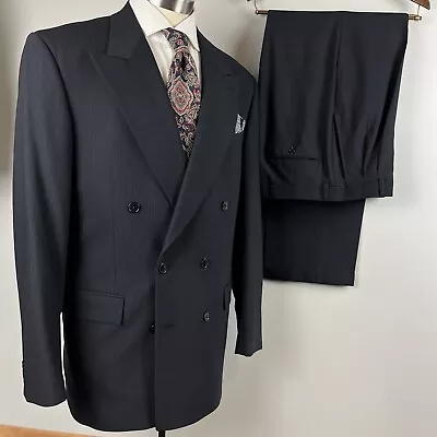 VTG Givenchy Mens 40L Navy Blue Peak Double Breasted 6/4 Wool Suit 34 X 32 Pants • $150