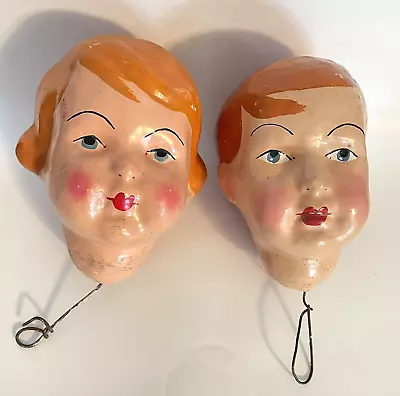 Pair Vintage Paper Mache Doll Heads Boy Girl Blue Eyes Oddity • $31.96