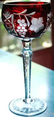 Vintage Ruby Red TALL HOCK WINE GLASS Cut To Clear Grapes BOHEMIAN CZECH 8.25  • $72.99