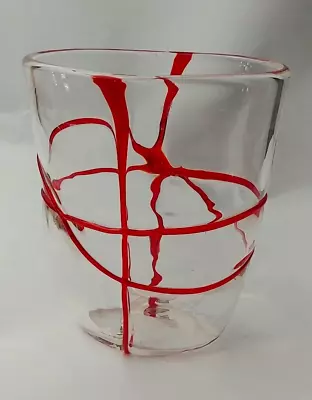 Vintage  Hand Blown Clear Vase  Red Swirls 8 Inch High By 7 Inch Wide At Top • $21