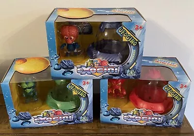 SET OF 3 Exogini Ufogino Red Alien Figure & Spaceship Light Up In The Dark Toy • £13.99