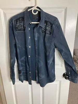 Mens Roar Western  Long Sleeve Embroidered  Shirt Dark Navy W/ Patches SZ Larg • $22