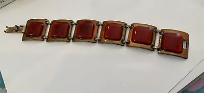 Kay Denning Enamel Bracelet Red On Copper Panel Links 7” 1” Links VTG • $20