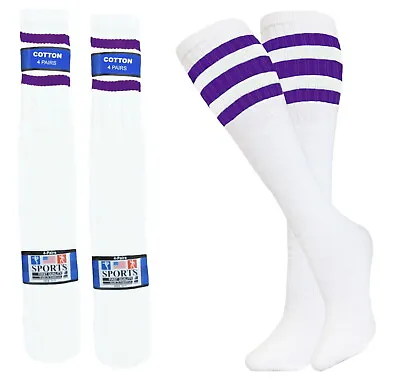 $17.45 • Buy 8 Pairs Tube Socks Cotton White Purple Stripes 22  Long Retro Old School 10-15