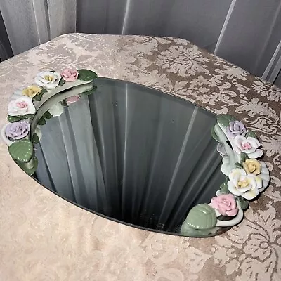 Vintage Vanity Tray With Porcelain Pink & White Roses Glass Mirror Capidimonte • $37.50