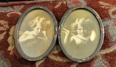 Vtg Pair Cupid Awake Pictures Original Metal Oval 4” Frames C 1897 M B Parkinson • $45