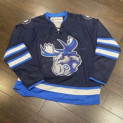 *TEAM SIGNED* Manitoba Moose Jersey Mens Size L Home Navy Blue CCM Stitched • $130.18