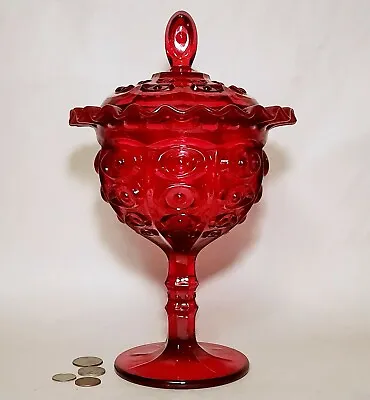 '60s Sci-Fi Vtg SPACEAGE Art Glass Candy Compote TV EYE Viking Bowl Mcm Red Ruby • $165