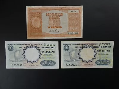 3No. 1959 MALAYA & BRITISH BORNEO $1 & 1948 NORWAY 10 KRONER BANKNOTES GF-VF • £5.50