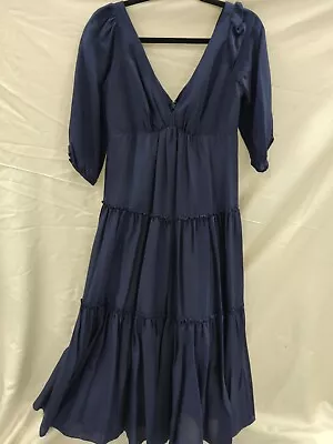 $495 MSRP Marchesa Notte 3/4 Sleeve Dress Navy Ruffle Midi V Neck Tiered 2 Sz 4 • $98.99