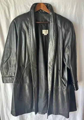 $45 • Buy Vakko Vintage Long Open Black Leather Coat Jacket Women's Size Small Made In USA