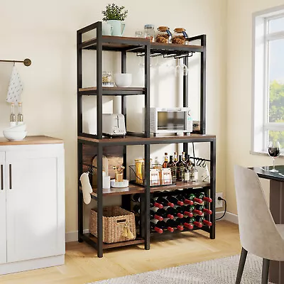 5 Tiers Wine Rack Table Bakers Rack With Wine Storage Shelves & Glass Holders • $93.37