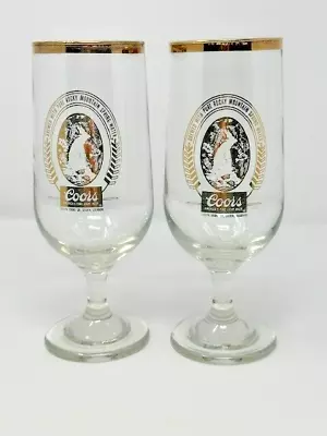 Vintage 12oz Coors Stemmed Beer Glasses Goblets Gold Rimmed LOGO Set Of 2 • $9.99