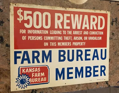 Vintage 1972 KANSAS FARM $500 Reward Sign 16in. X 12in. • $79.95