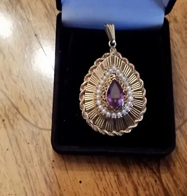 Vintage 14k Gold Locket Pendant Large Amethyst And 24 Small Pearls Wt 18.4g  Vg  • $550