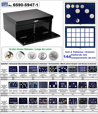 Münzen-kabinett-kassette-black-piano 124 Square Compartments 46-47mm Safe • £159.49