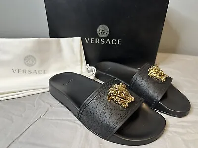 Versace Pool Slide Gomma Black With Gold Medusa Women’s Size 38 (US 8) Authentic • $230