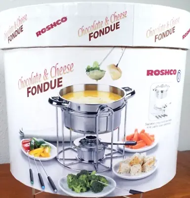 Vintage Roshco Chocolate & Cheese Fondue 12 Pc Set  Stainless Steel NEW IN BOX • $40