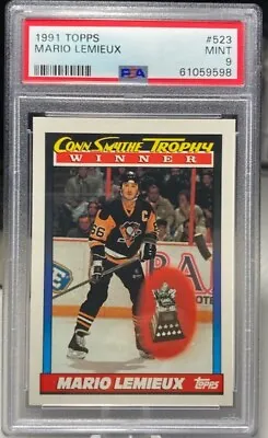 1991 Topps #523 Mario Lemieux Conn Smythe Trophy Winner PSA Mint 9 Penguins HOF • $12