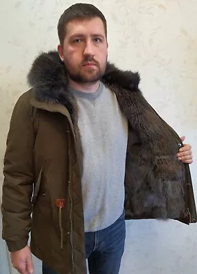 Mens Khaki Fur Parka Made From Real Fox Fur Full Fur Lined Mens Fur Parka • $485