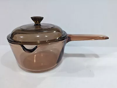 Vision Corning Ware USA Amber Glass Cookware 1L Sauce Pot Pan Spout W Pyrex Lid • $20