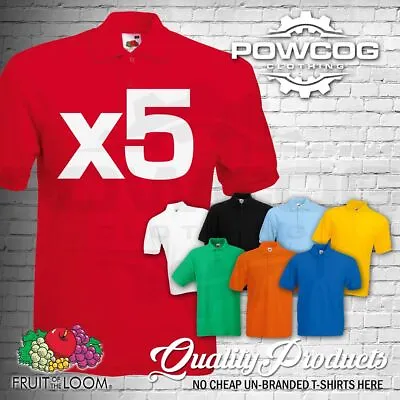 5 PACK FRUIT OF THE LOOM Plain Polo Shirts Unisex Men Women Tee T Shirt • £29.95