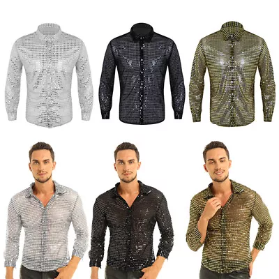 Men Shiny Sequins 70s Disco Button Down Dress Shirt Nightclub Party Costume Tops • £17.47