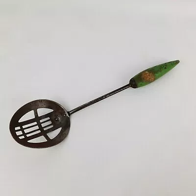 VTG Androck Slotted Serving Spoon W/ Green Wooden Handle Distressed Patina USA • $19.99