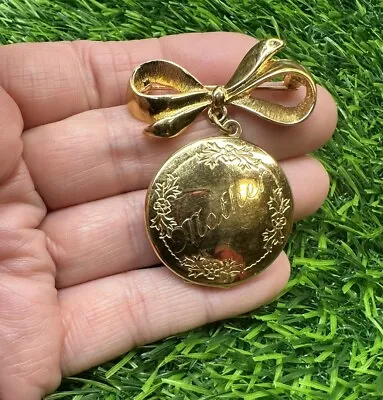 Vintage MONET Double Photo Picture LOCKET Brooch Pin Gold Tone Bow Mother • $34.77