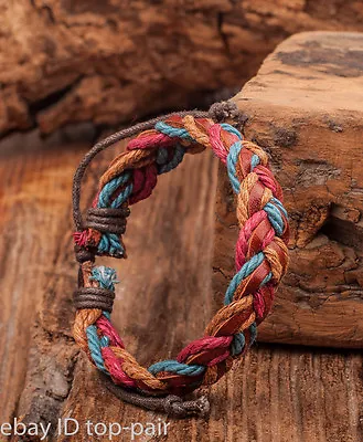 Handmade Mens Cool Multi-Color Surfer Hemp Leather Braided Bracelet Bangle Cuff • £3.59