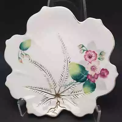 UCAGCO Leaf Shaped China Plate Japan Pink Green Floral Flowers Gold Accents • $14.95