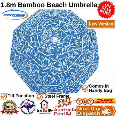 $34.77 • Buy 1.8m Bamboo Beach Umbrella With Handy Bag Steel Frame Sun Protection Outdoor