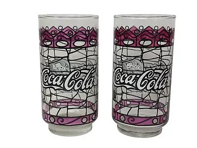 Pair Of Vintage Coca Cola Glasses Stained Glass Style Promotional Advertising • $15.88