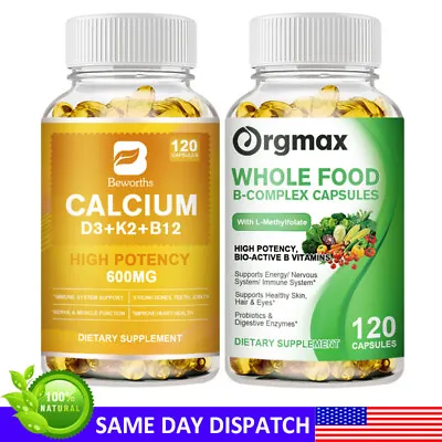 Vitamin B Complex 120 Capsules I Vitamin B12 D3+K2 & CalciumImmune Support Caps • $24.99