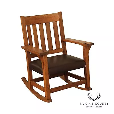 Antique Mission Oak And Leather Rocking Chair • $965