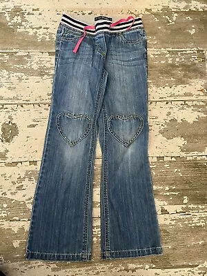 MINI BODEN Rib Knit Drawstring Waist Heart Applique Knee Blue Denim Jeans 10 • $4.99