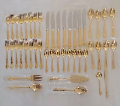 46 Piece Towle Supreme Cutlery Baroness Gold Plated Flatware Set Service For 8 • $64.99