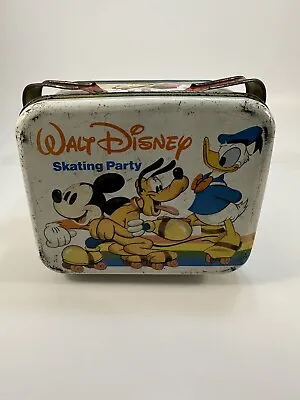 Vintage Walt Disney Skating Party Tin Double Handle Lunch Box Tin Mickey Mouse • $15