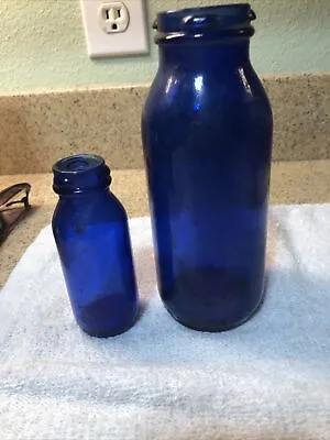 VINTAGE SET COLBALT BLUE GLASS BOTTLE EMERSON DRUG CO.  BROMO SELTZER - 6 &4inch • $28