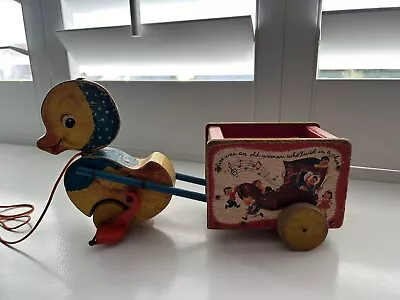 Vintage 1950s Fisher Price Wooden Mother Goose Cart Musical Wagon Pull Toy Works • $19.99