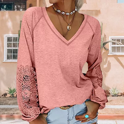 Gift Casual Office Daily V Neck Solid Slim Fit Women Blouse Lace Long Sleeve • $27.68