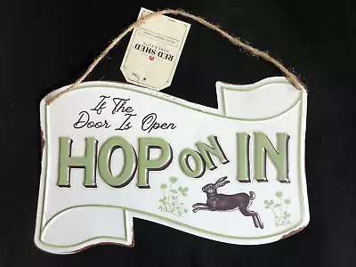 Easter Season-  Hop On In -  Metal Sign Rabbit Bunny Red Shed Home • $12.99