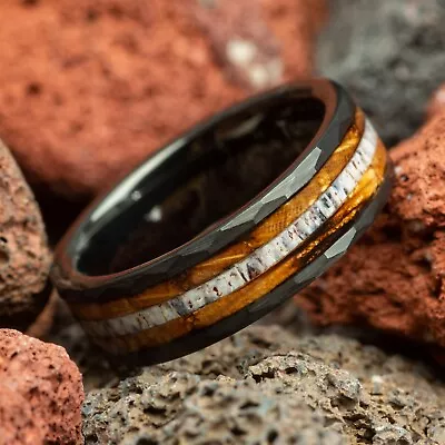 Deer Antler & Whiskey Barrel Wood Hammered Black Tungsten Men Wedding Ring 6mm • $119.98