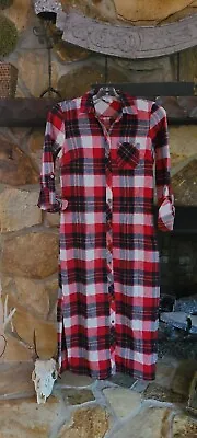 Hot And Delicious Plaid Flannel Maxi Shirt Dress Side Slits Sz S Red Blue     • $14.99