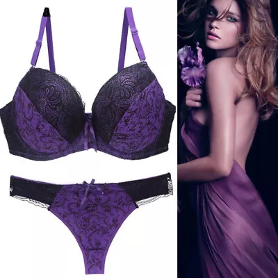 UK Plus Size Women Push Up Bra And Pantie Set Lingerie Lace Flower Padded Plunge • £6.34