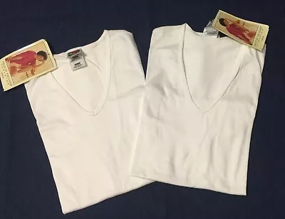 Women's Vintage White Cotton T-shirt V-neck Short Sleeve Set 2 Size M New • $34.18