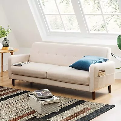 Mellow ADAIR Mid-Century Modern Sofa With Armrest Pockets Ivory Linen • $505.99