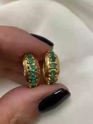 2.00Ct Round Natural Vintage Emerald Hoop Earrings 14K Yellow Gold Plated • $164.99