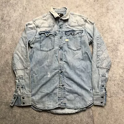 G Star Raw Western Denim Snap Shirt Mens Medium M Blue Light Wash QD Grunge • $29.95